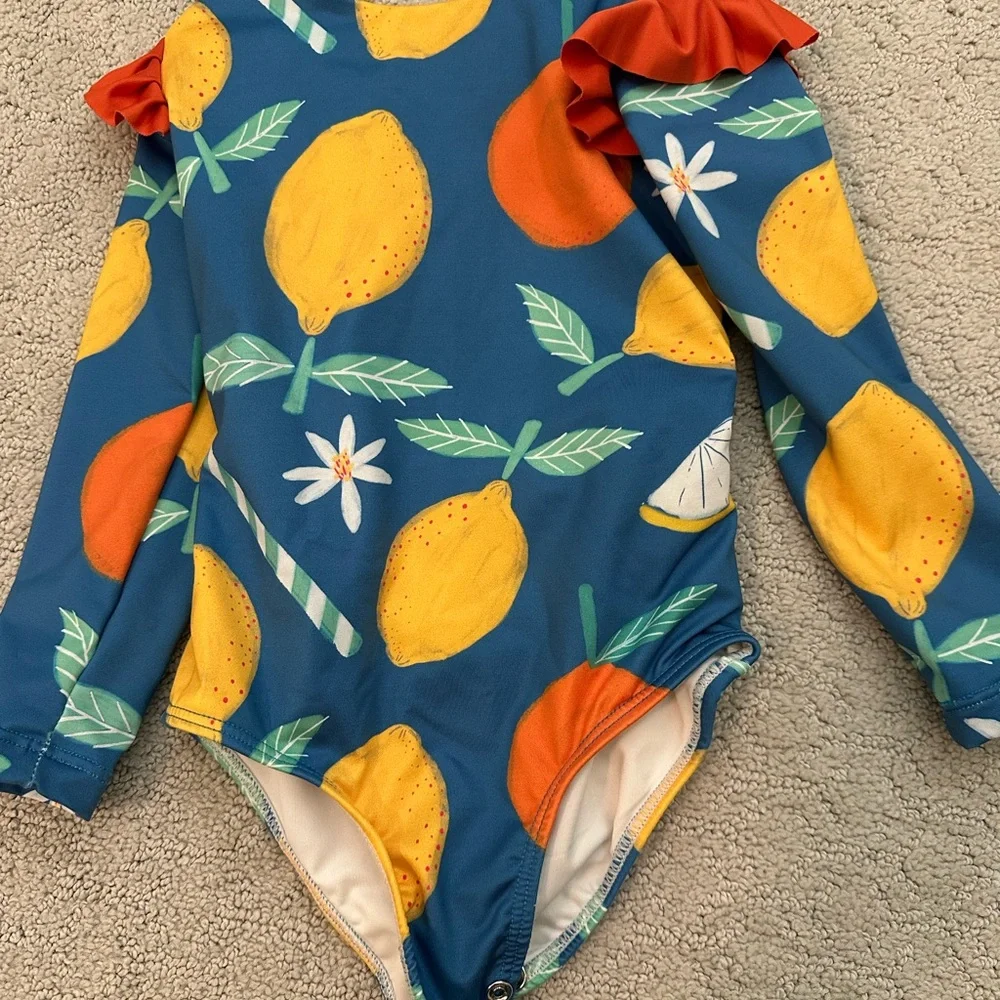Girls' Blue Lemon Print Long-Sleeve One-Piece Swimsuit